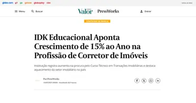 Matéria do Valor PressWorks sobre crescimento de 15% ao ano na profissão de corretor de imóveis